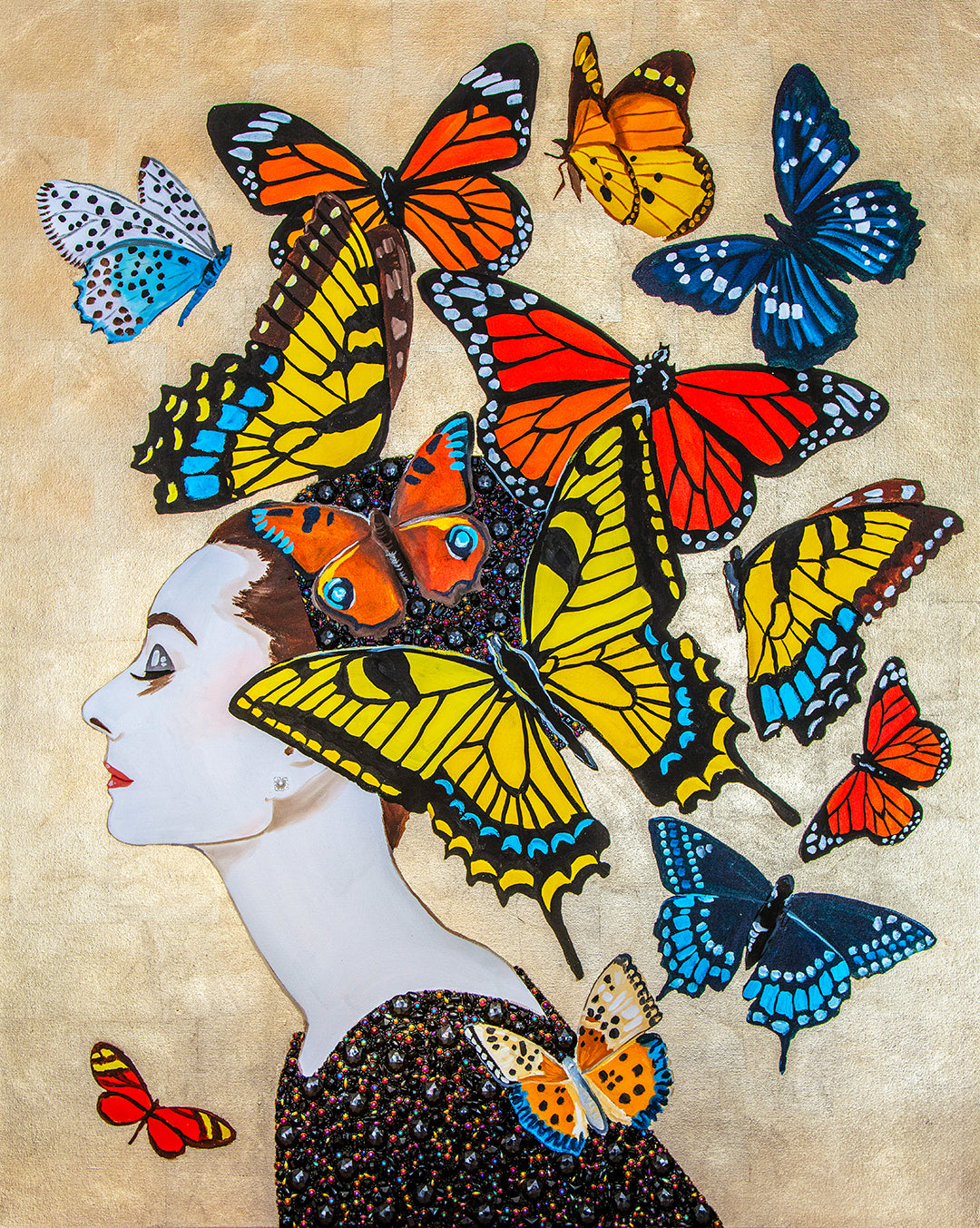 Audrey with Butterfly Swarm on Gold Leaf
