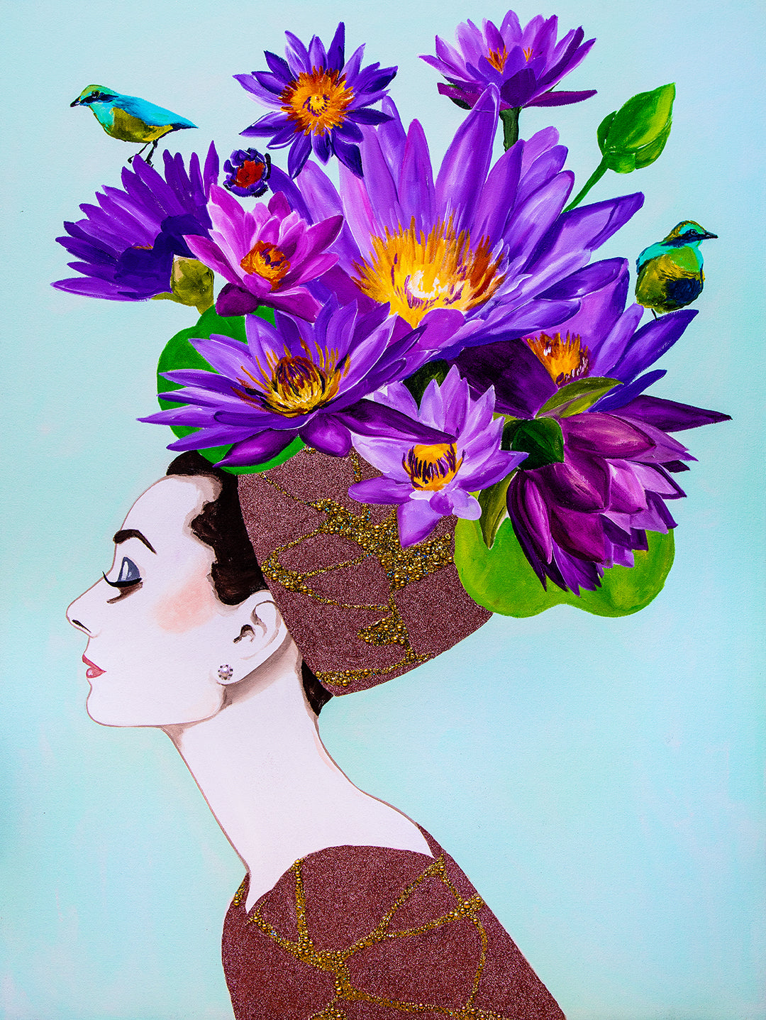 Audrey with Purple Lotus Chapeau on Pale Blue
