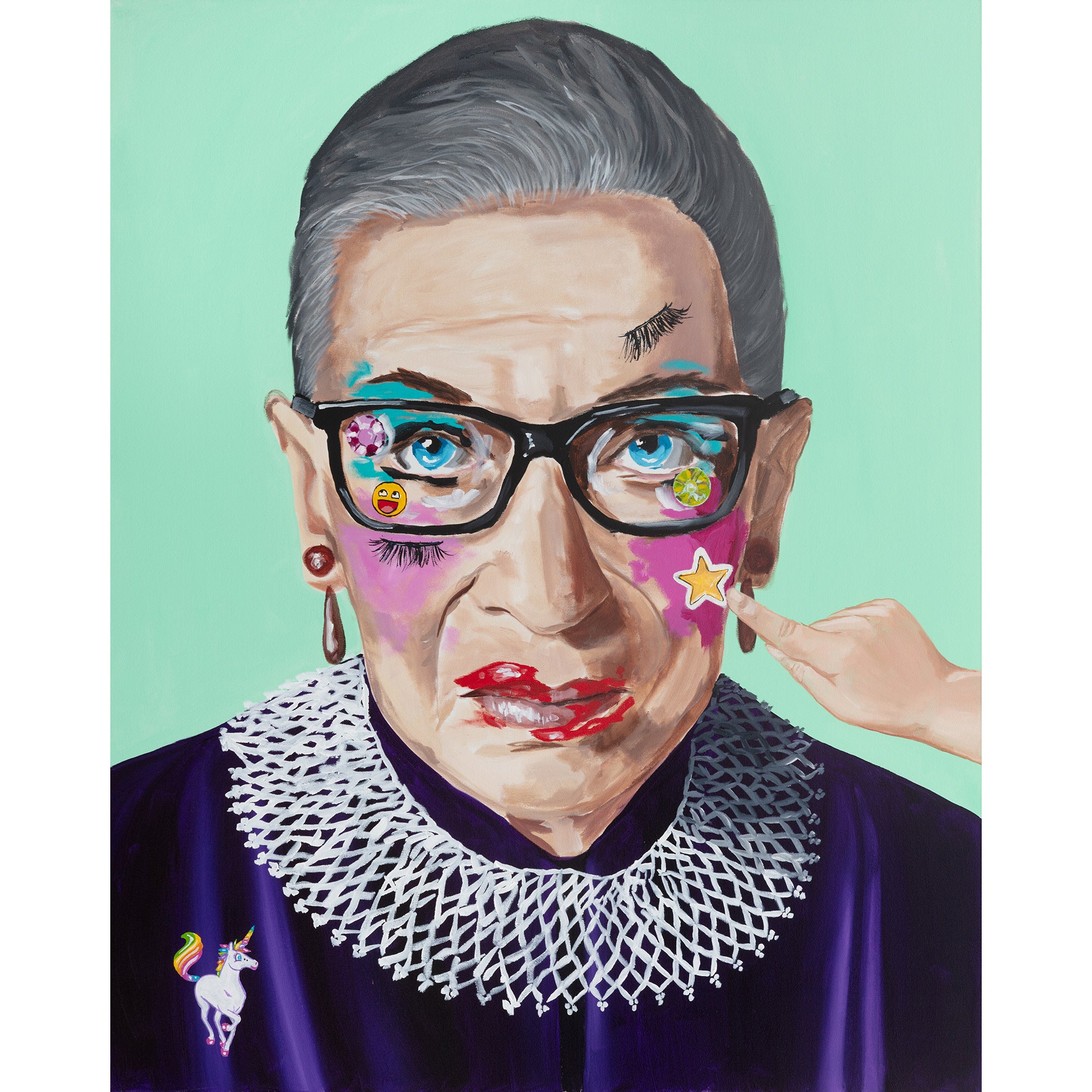 A stylized portrait painting of Ruth Bader Ginsburg wearing black glasses and colorful face stickers, with a hand touching her cheek, set against a mint green background.