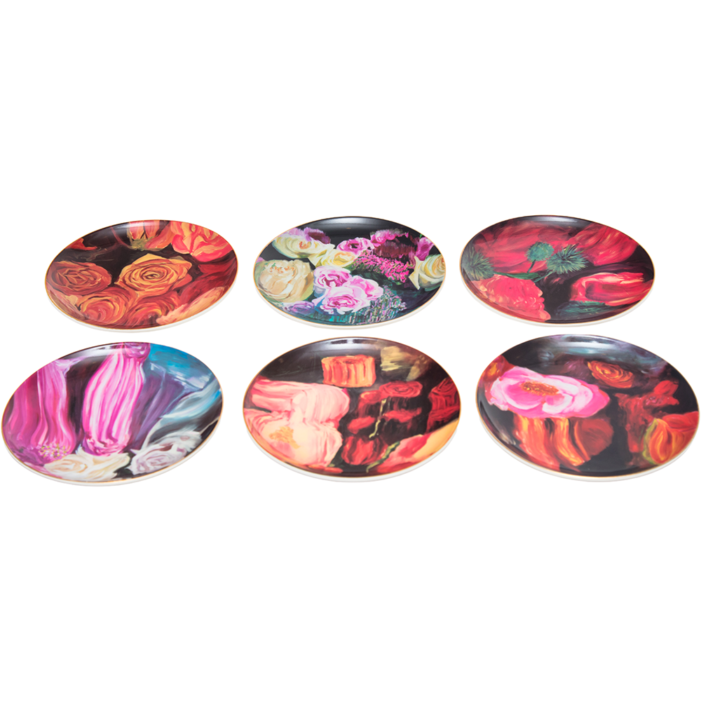 Set of six Ashley Longshore Monette Dessert Plates arranged in a circle showing the variety of floral artwork.
