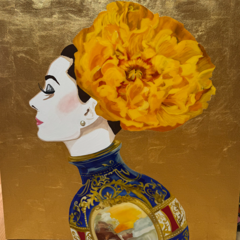 Audrey with Yellow Poppy Chapeau and Vase Dress on Gold Leaf  |  36 x 36in