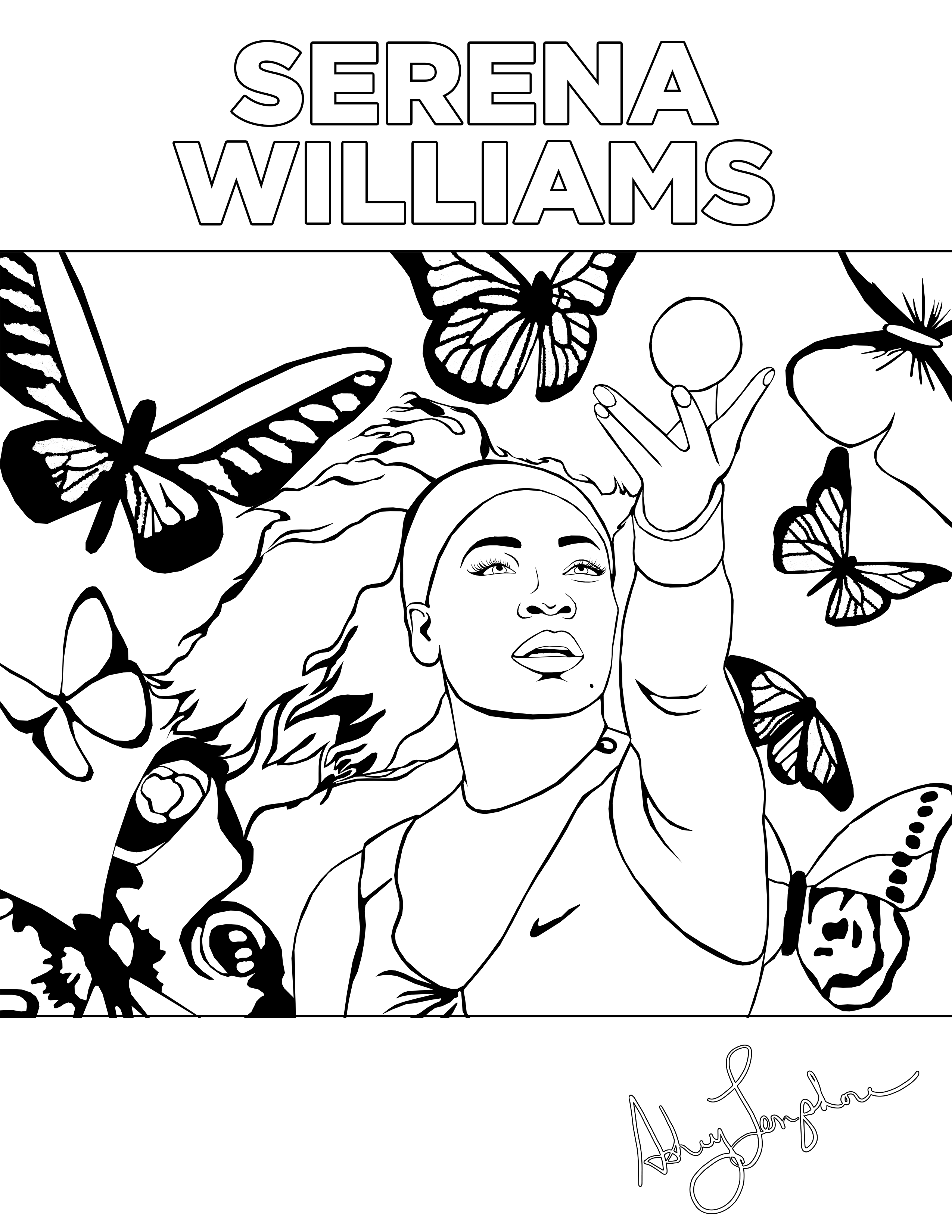Ashley Longshore coloring pages featuring Serena Williams.