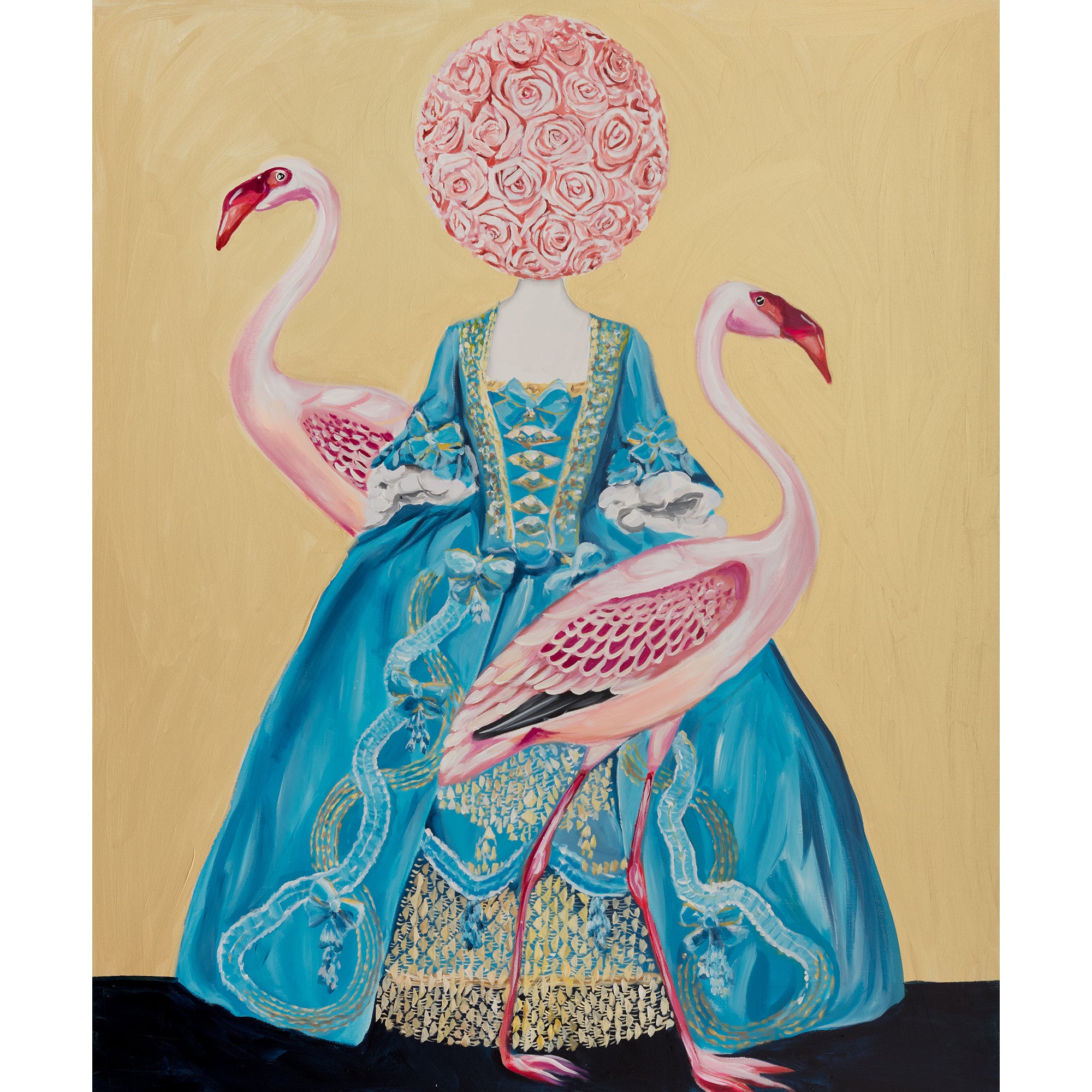 A surreal painting of a woman in a voluminous turquoise gown with ornate gold detailing, standing among two pink flamingos. The figure's head is replaced by a large circular cluster of pink roses, set against a warm beige background.