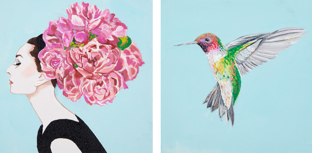 #10 Audrey Diptych With Tree Peonies + Black-Chinned Hummingbird