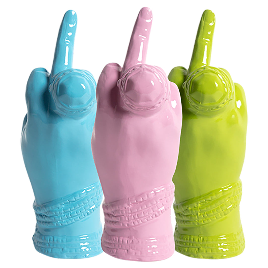 A set of three ceramic bud vases in pink, lilac, and blue colors, each shaped like a stylized hand making a 'bird' gesture.