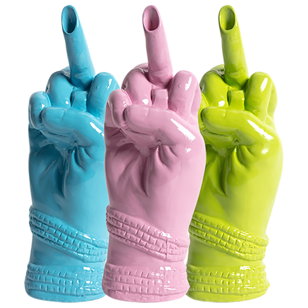 A set of three ceramic bud vases in pink, lilac, and blue colors, each shaped like a stylized hand making a 'bird' gesture.