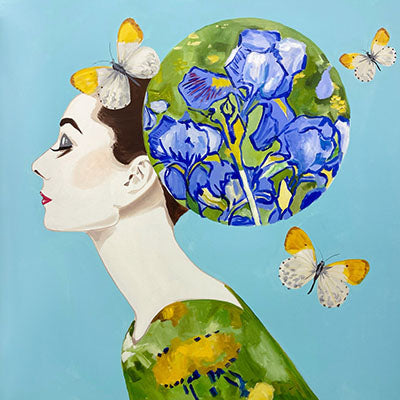 A piece of artwork featuring a stylized female figure with a floral pattern and butterflies