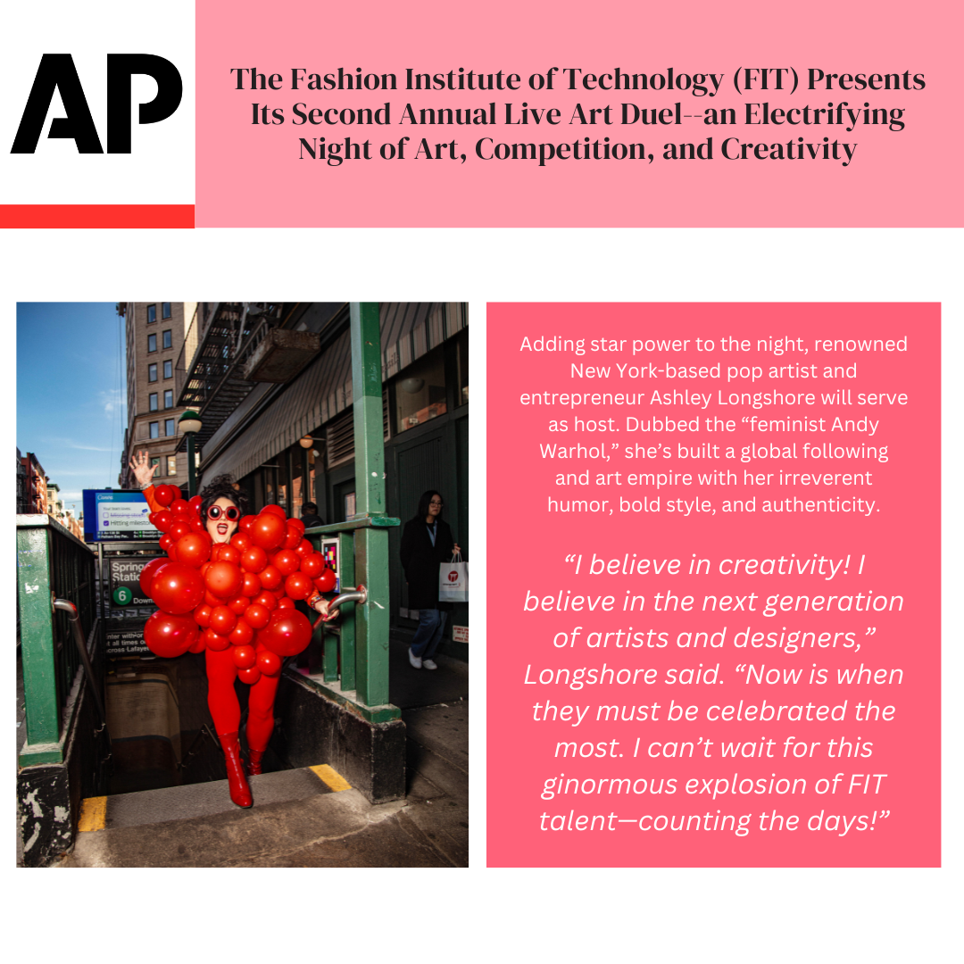 Artist Ashley Longshore in a red balloon costume for a promotion for the Fashion Institute of Technology's second annual Live Art Duel. Black and white text on pink background.