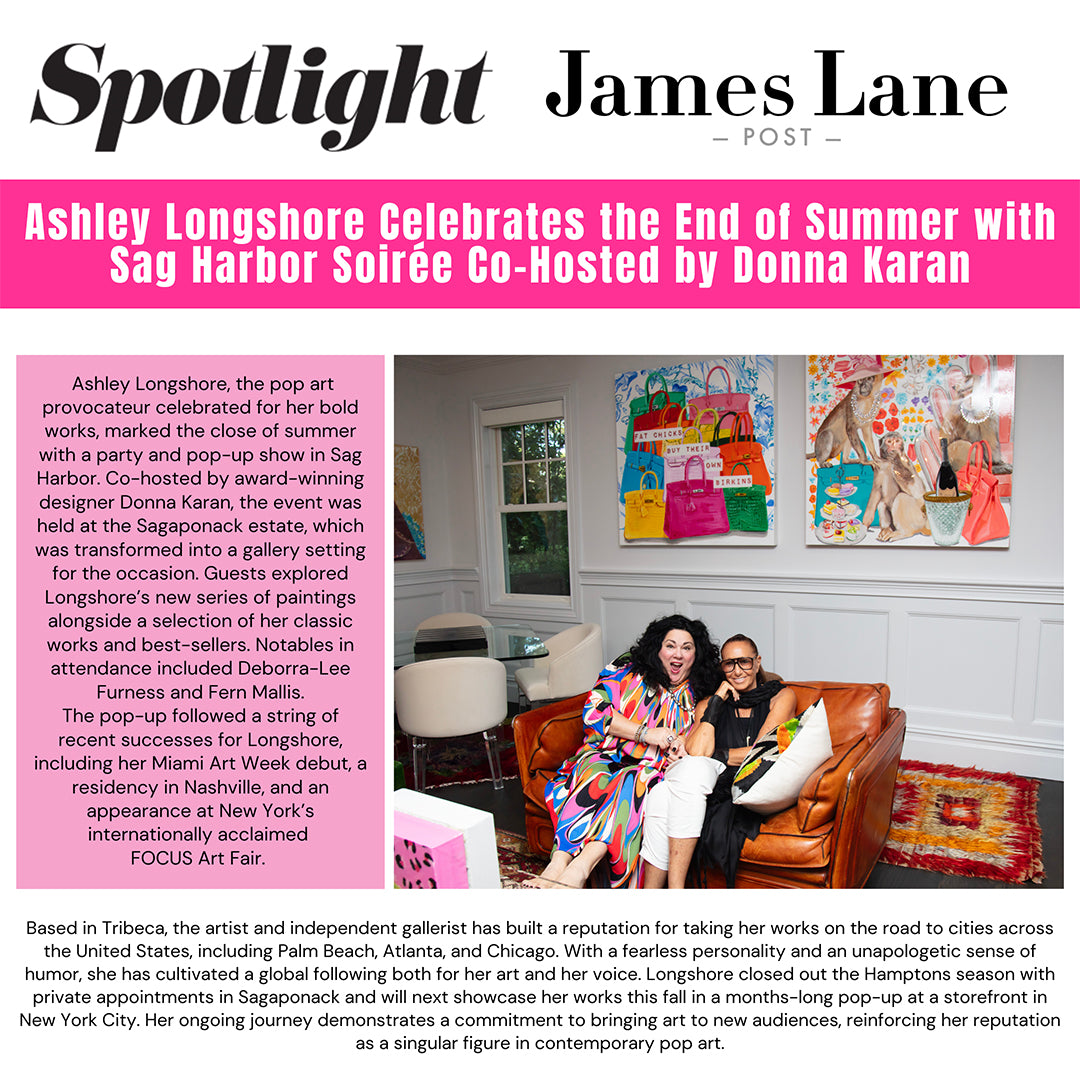 Magazine article featuring Ashley Longshore and Donna Karan at a Sag Harbor Soireé event.