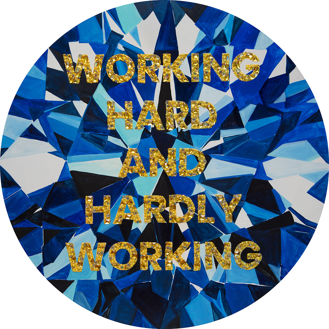 Circular design with blue and black geometric pattern and gold text 'WORKING HARD AND HARDLY WORKING'.