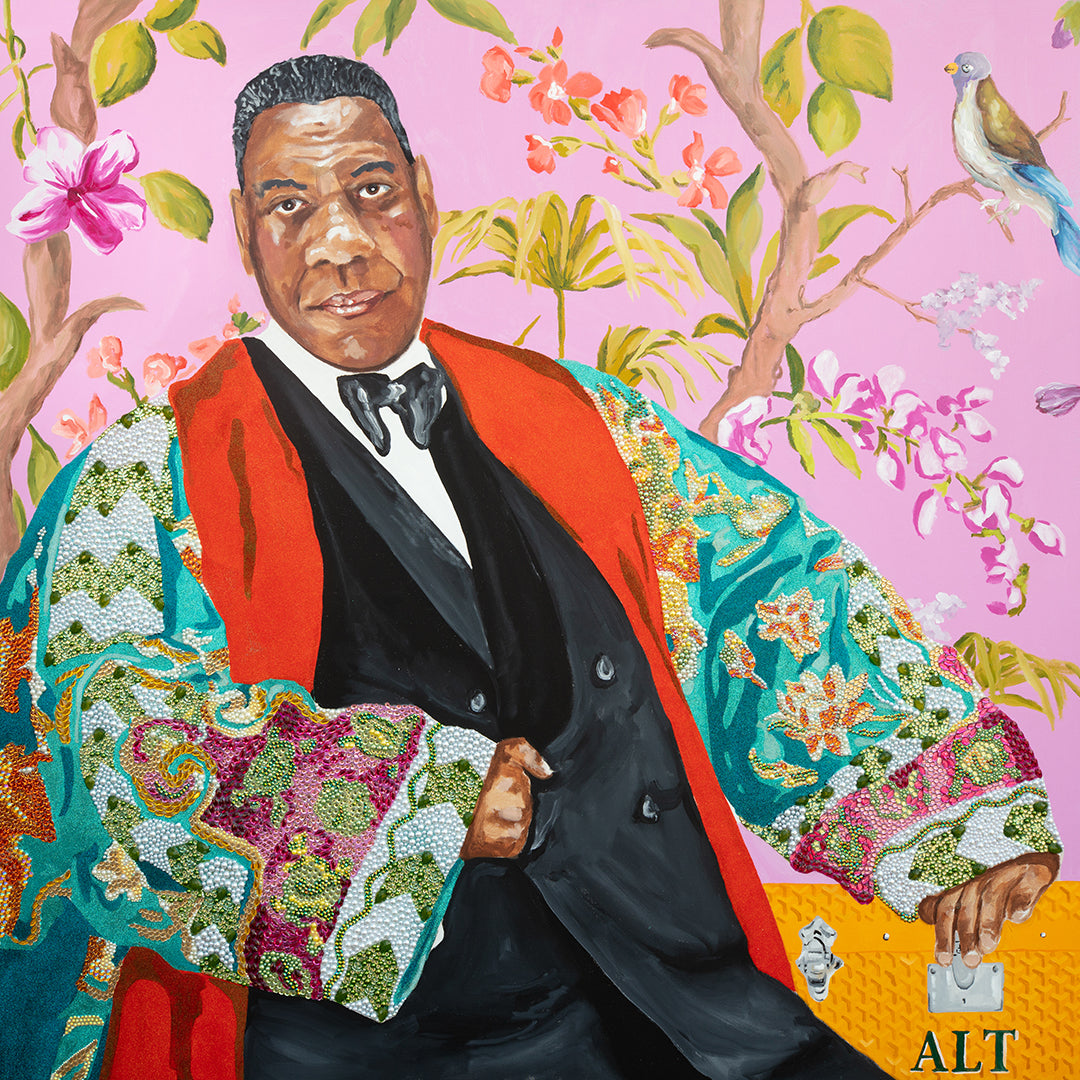 A painted portrait of André Leon Talley wearing a colorful garment with floral elements in the background.