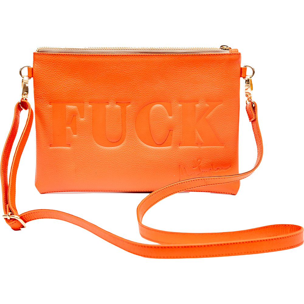 Mandarin orange leather pouch with bold embossed statement lettering and gold zipper, designed by Ashley Longshore.