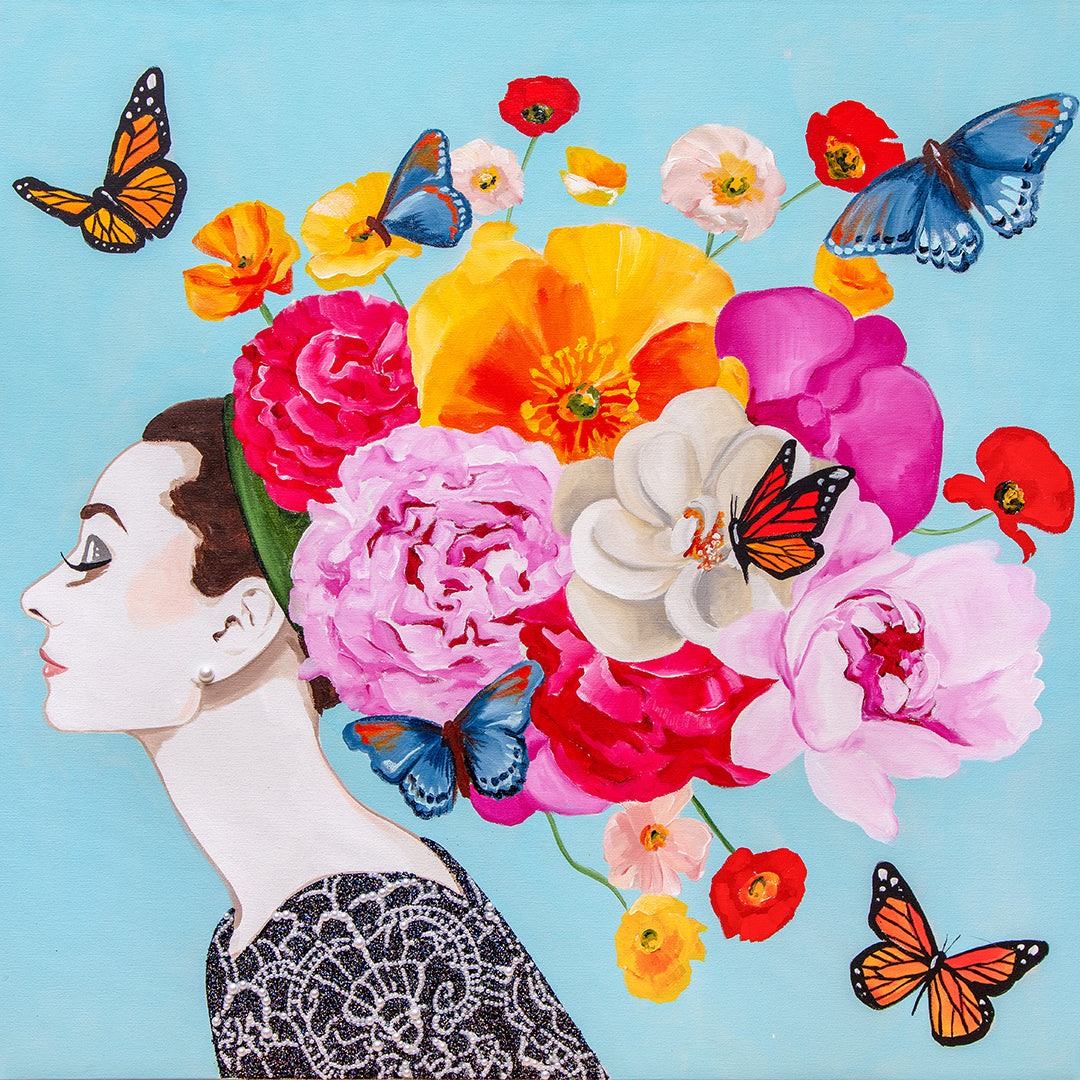 Audrey with Peony and Poppy Chapeau on Sky Blue