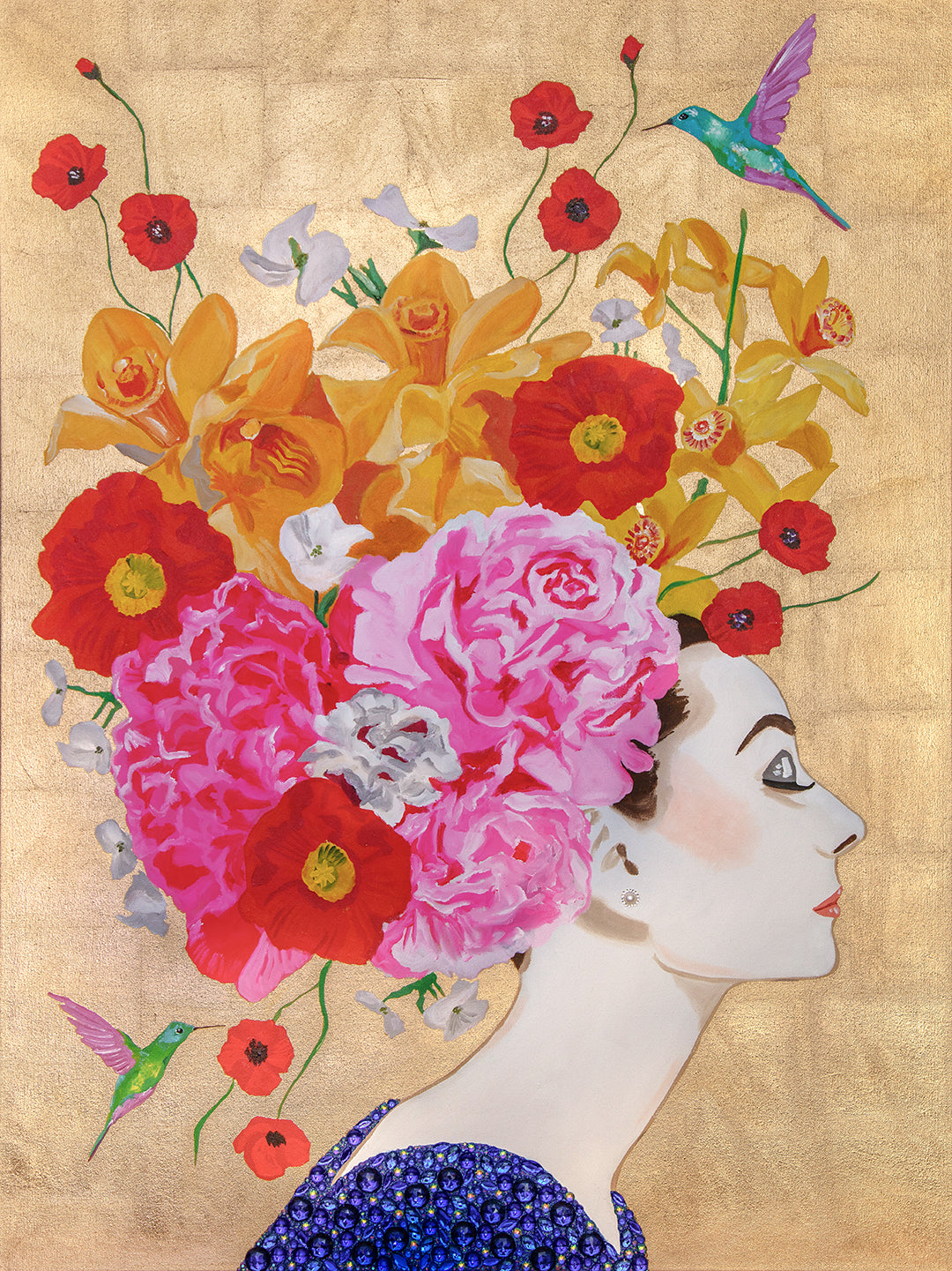 Audrey with Iris, Peony and Poppy Chapeau on Gold Leaf