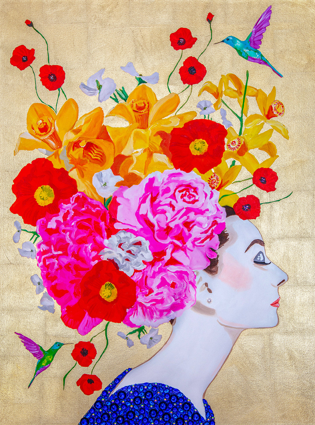 Audrey with Iris, Peony and Poppy Chapeau on Gold Leaf