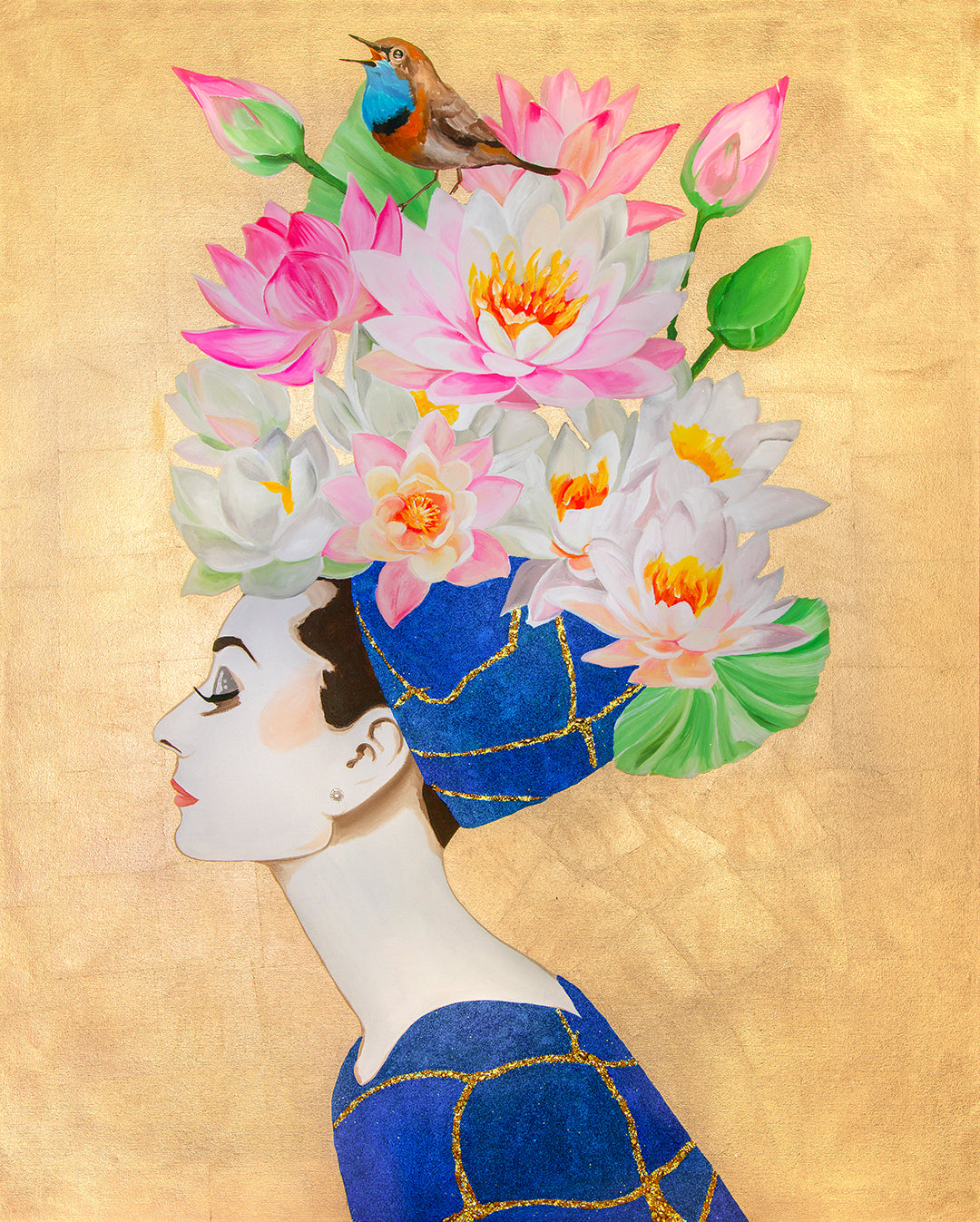 Audrey with Lotus Chapeau and Bluethroat Thrush on Gold Leaf
