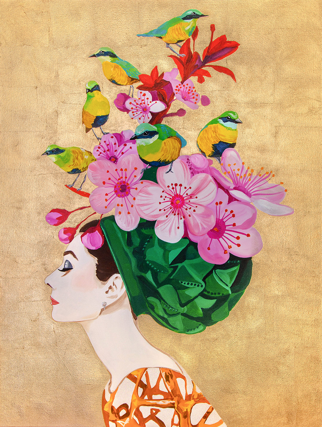 Audrey with Cherry Blossoms and Green Jays on Gold Leaf