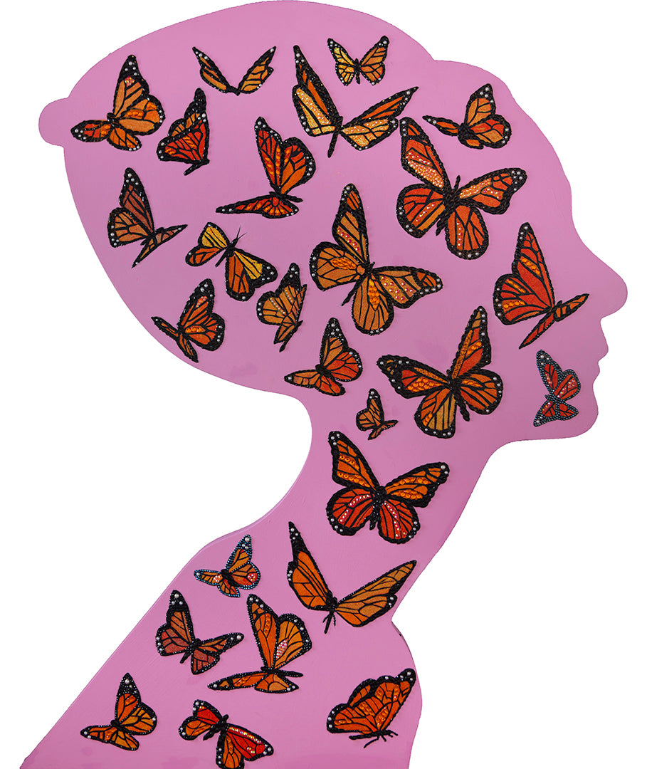 Ashley Longshore painting of Audrey Hepburn with pink background and monarch butterflies.