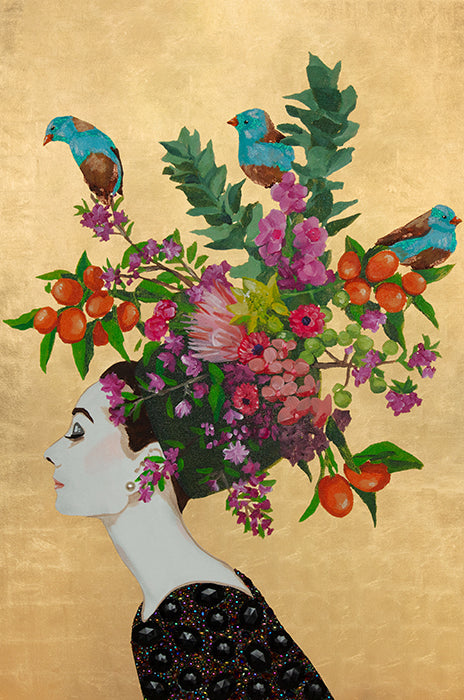 Audrey With Blue-Capped Finches and Floral Chapeau on Gold Leaf