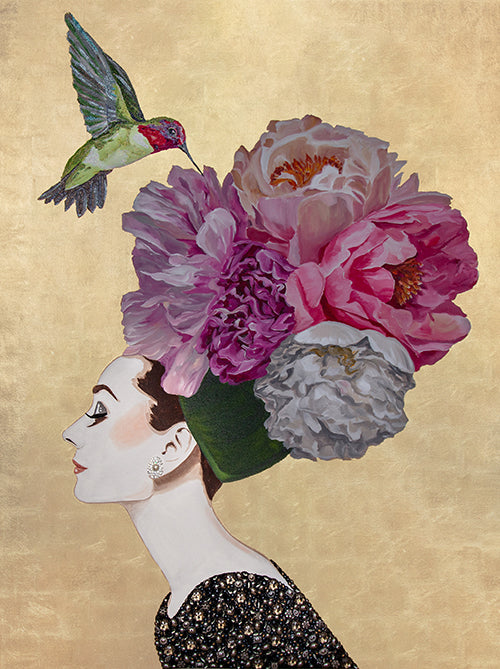 Audrey With Peony Bouquet  Chapeau on Gold Leaf