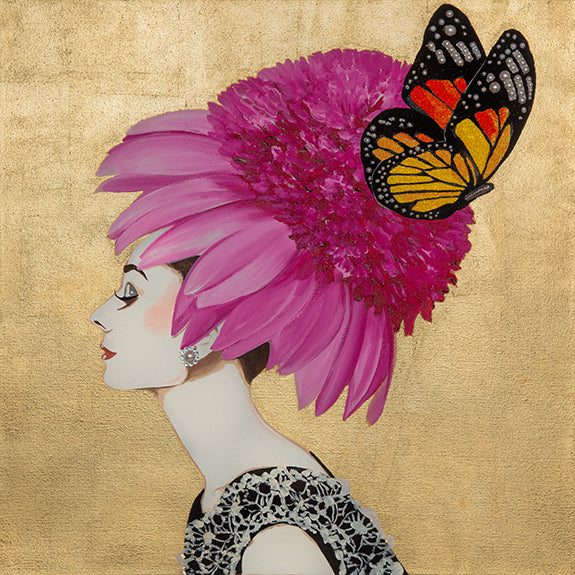 Audrey With Pink Echinacea Chapeau on Gold Leaf