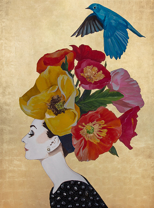 Audrey With Poppy Bouquet  Chapeau on Gold Leaf