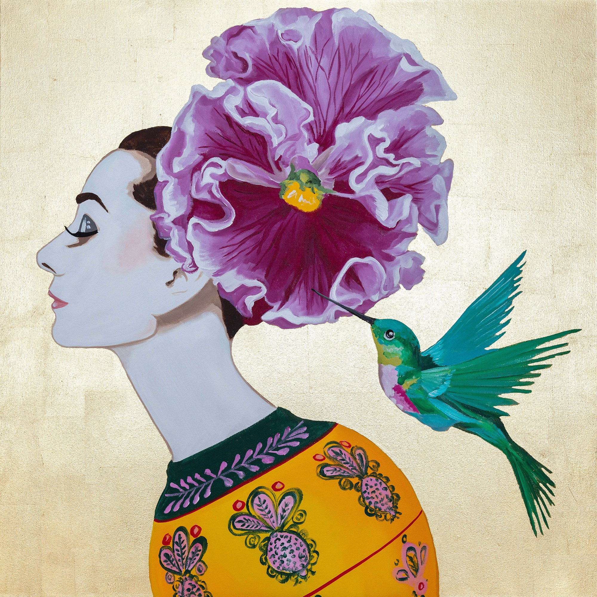 Audrey With Iris Chapeau and Turquoise Hummingbird on Gold Leaf