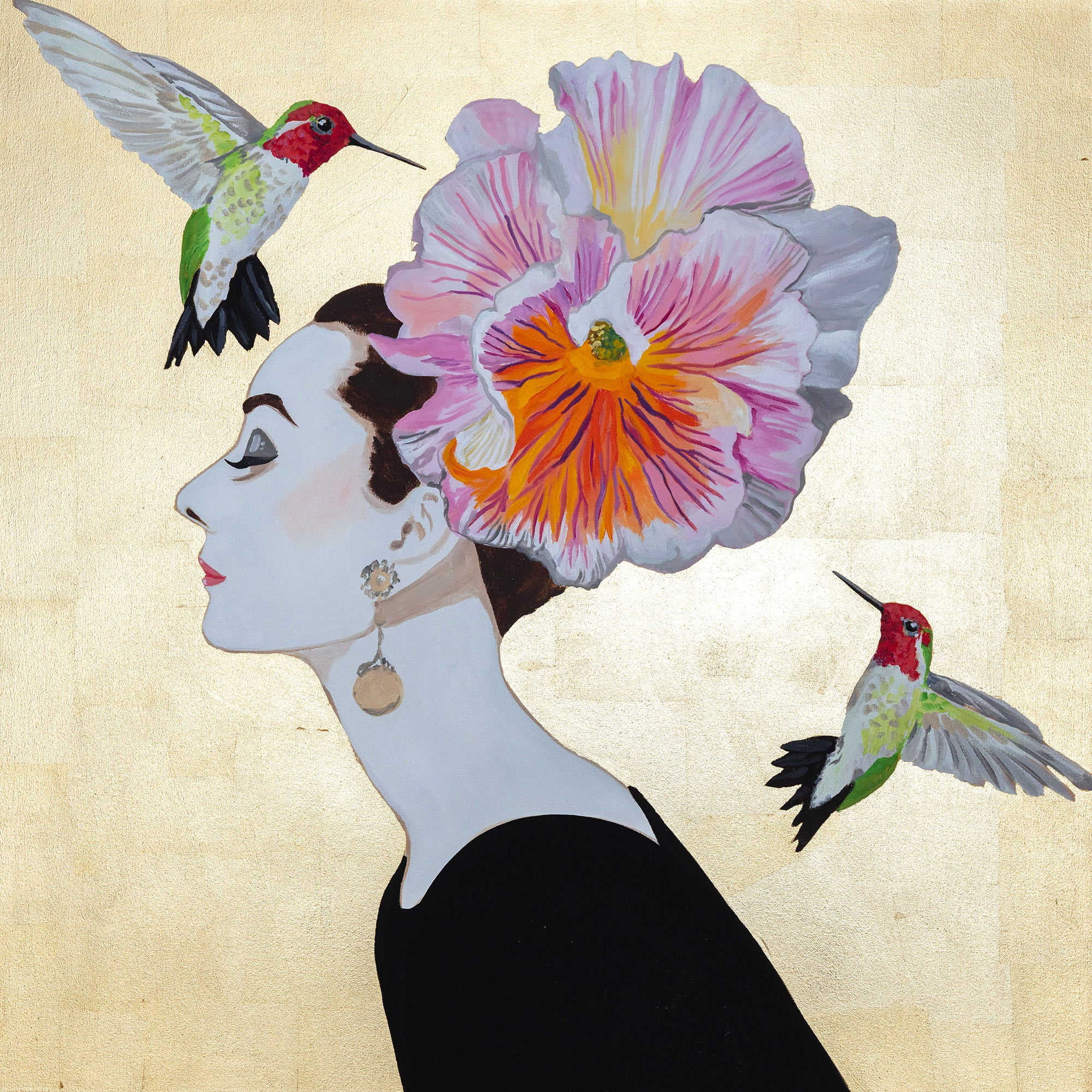 Audrey With Pansy Chapeau and Anna’s Hummingbirds on Gold Leaf