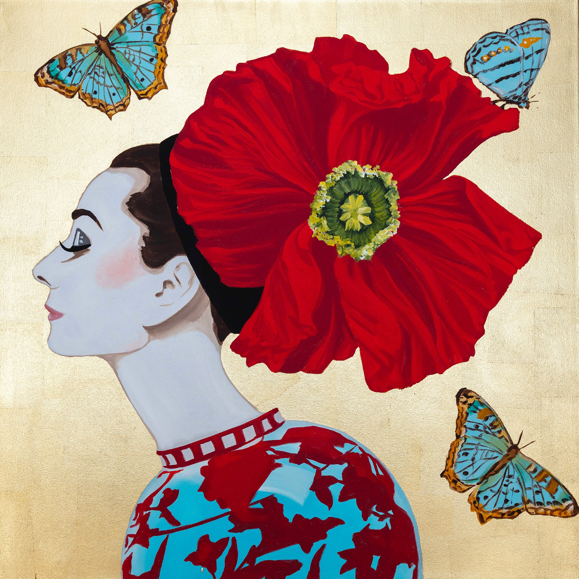 Audrey With Red Poppy and Peacock Butterflies on Gold Leaf