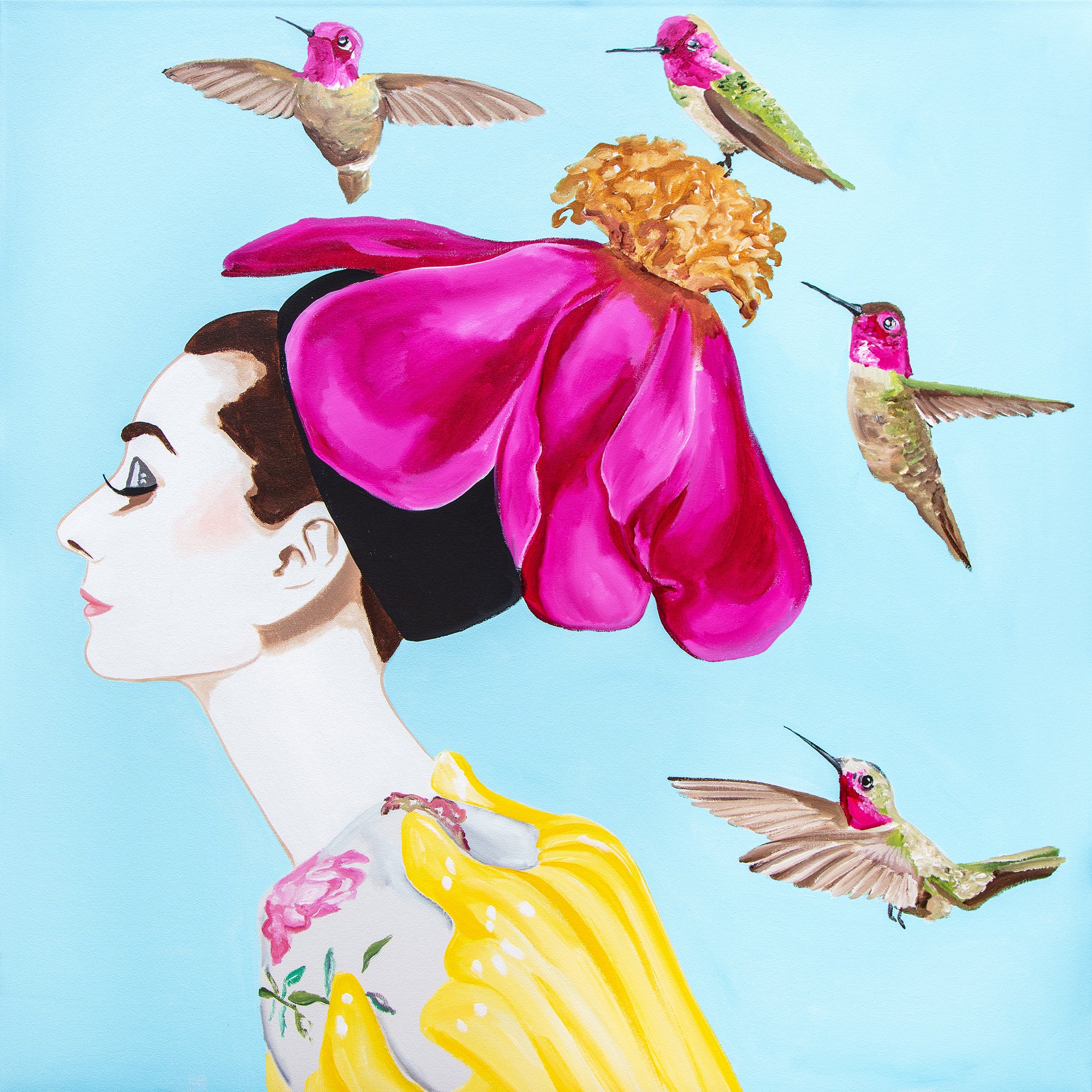 Audrey With Wild Rose Chapeau and Hummingbirds
