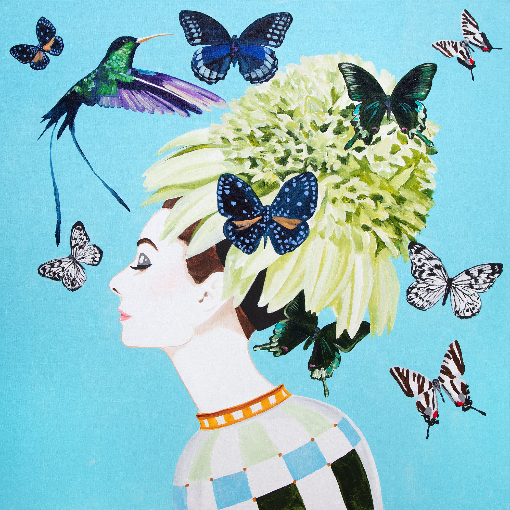 Audrey With Yellow Echinacea Chapeau, Butterflies and Hummingbird