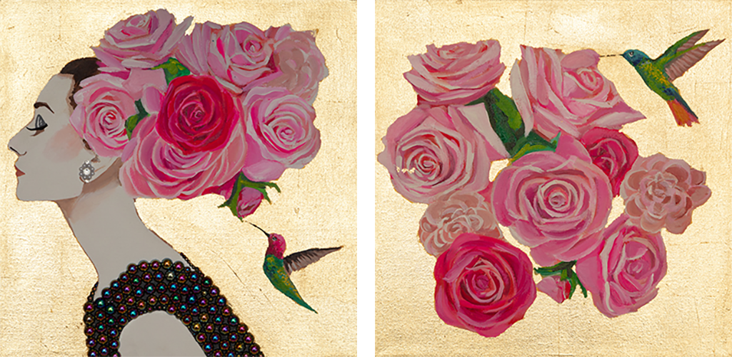 #102 Audrey Diptych With Pink Roses and Hummingbirds on Gold Leaf