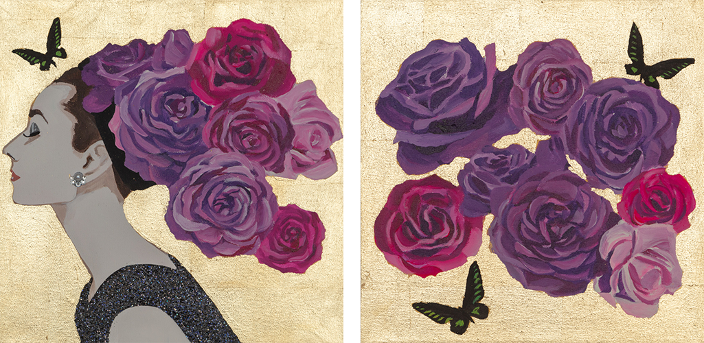 #103 Audrey Diptych With Crimson and Lavender Roses on Gold Leaf