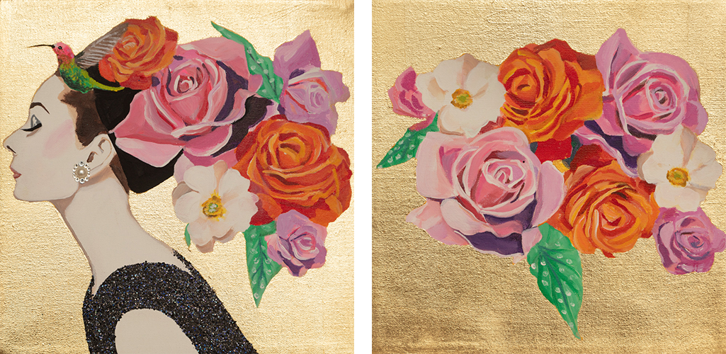 #104 Audrey Diptych With Vermillion and Pink Roses on Gold Leaf