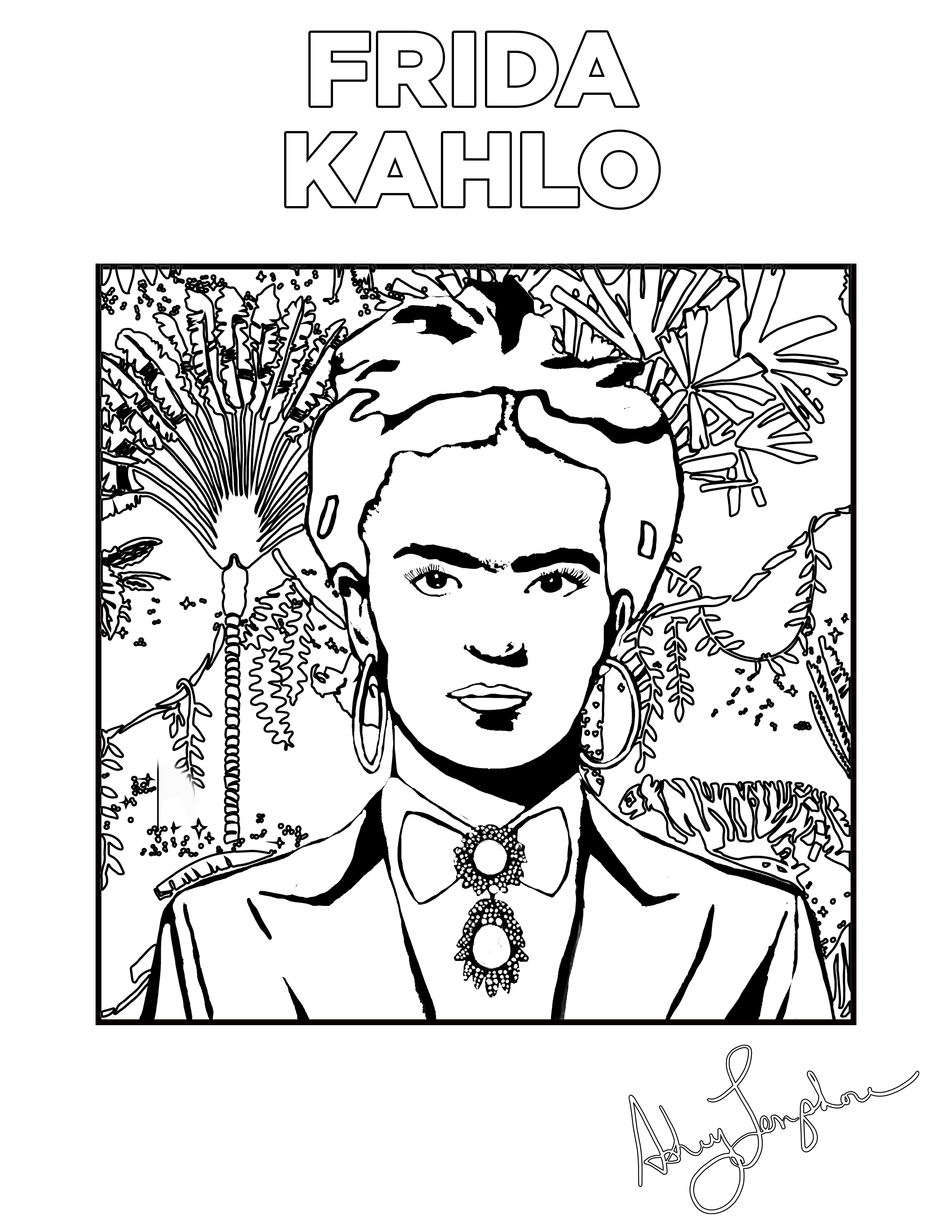 Ashley Longshore coloring pages featuring Frida Kahlo.
