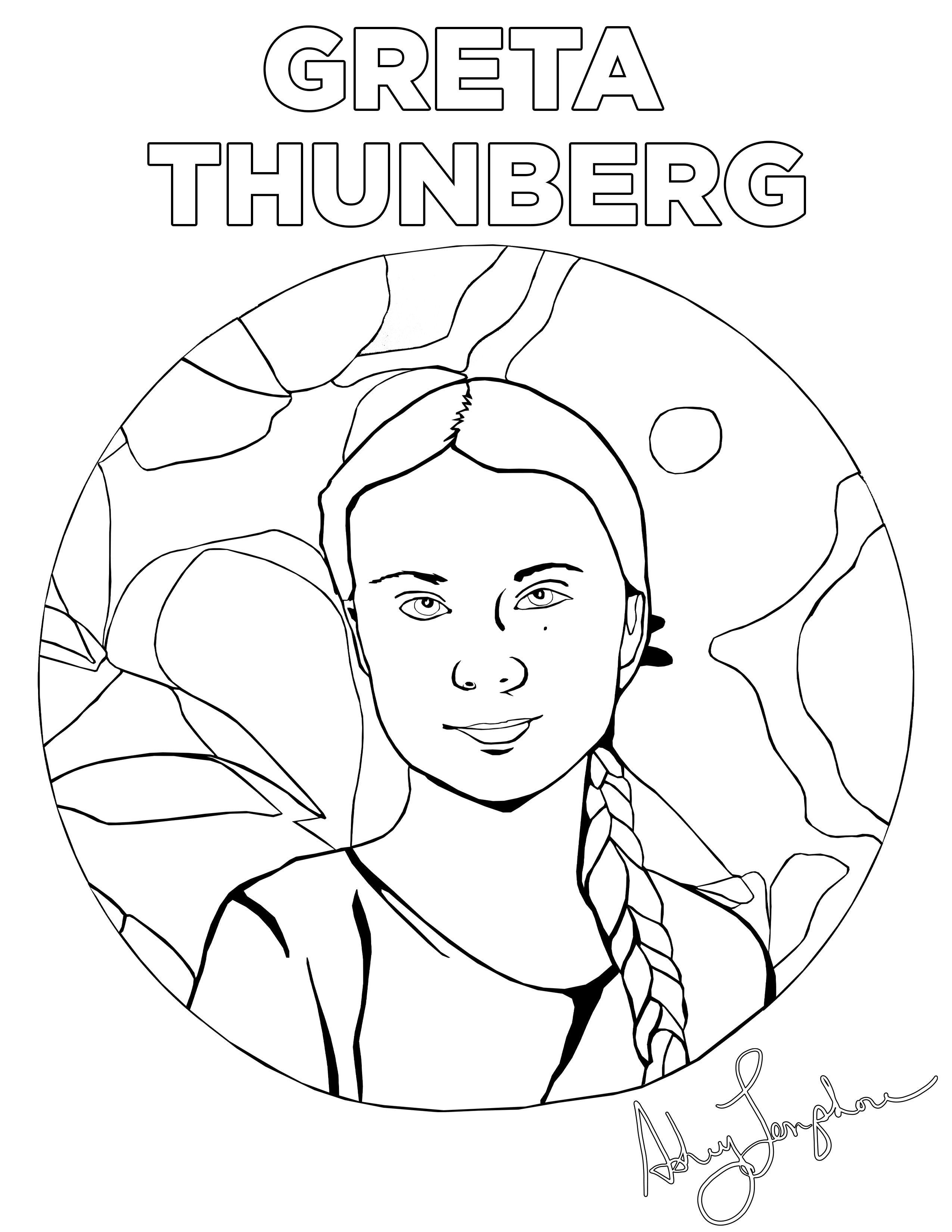 Ashley Longshore coloring pages featuring Greta Thunberg.