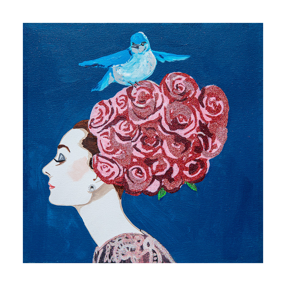#315 Audrey With Mauve Rose Chapeau & Blue Bird on Neptune Blue
