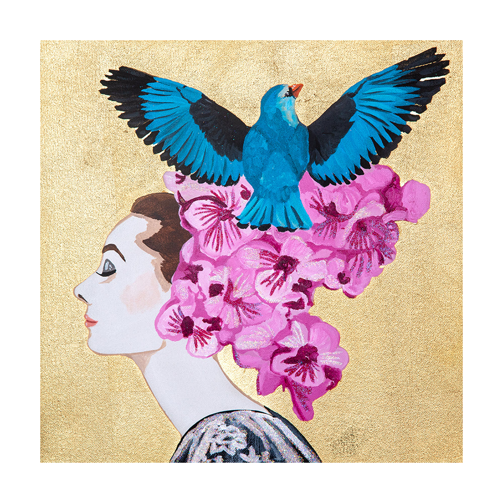 #341 Audrey With Blue Bird and Pink Anemones on Gold Leaf