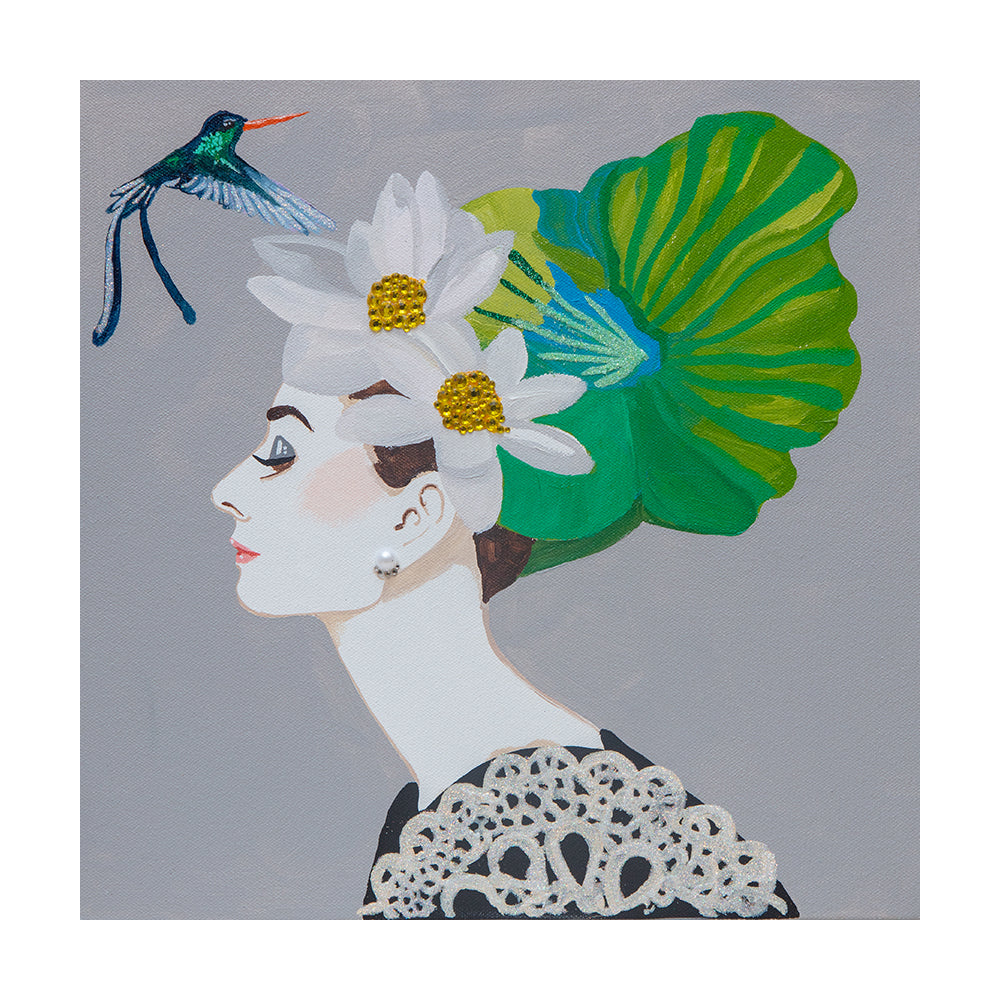 #342 Audrey With Green Hibiscus, White Lotuses and Hummingbird