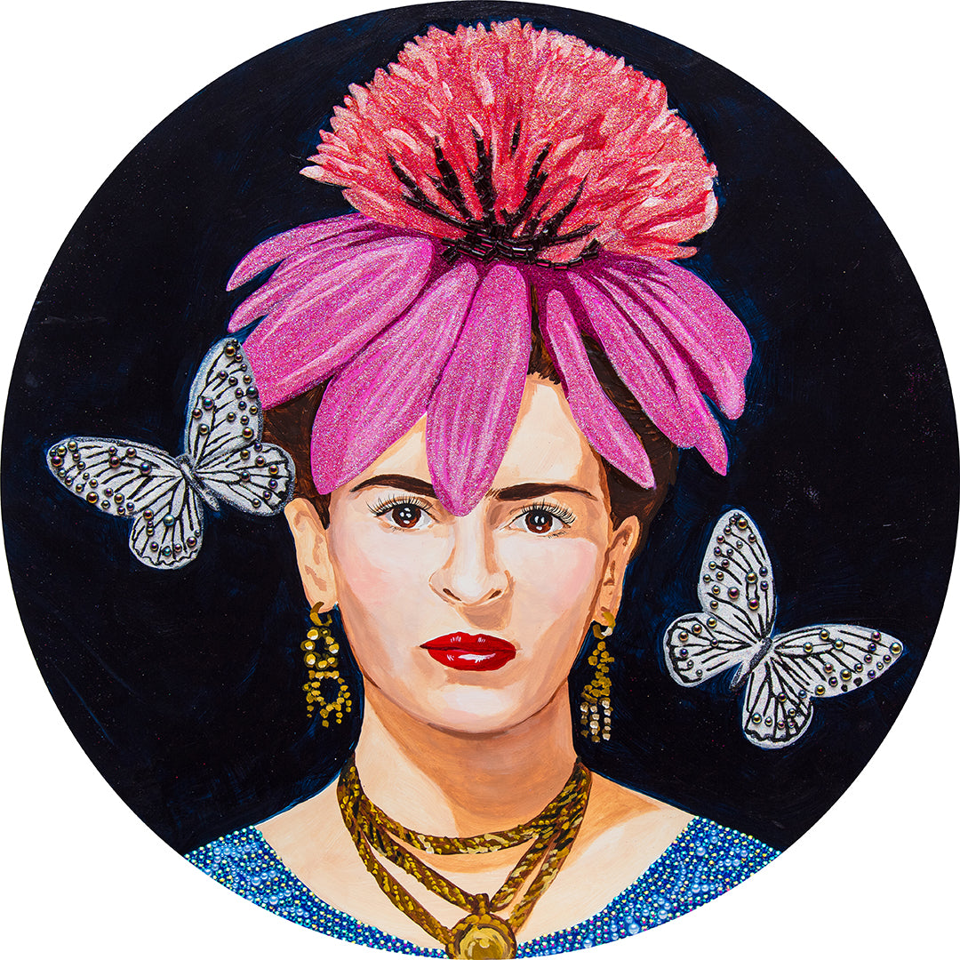 #348 Frida With Pink Echinacea Crown on Midnight Tondo