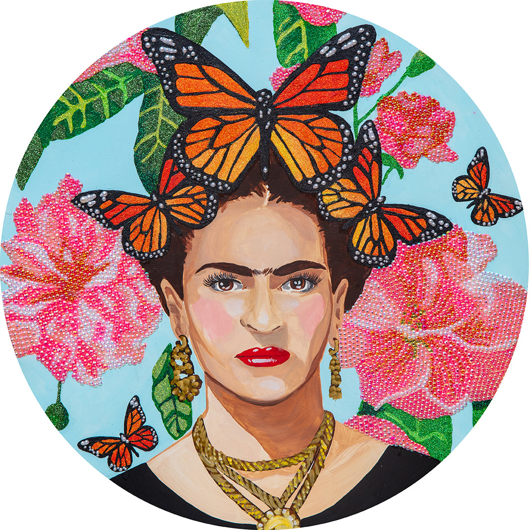 #345 Frida With Monarch Crown on Sky Floral Tondo