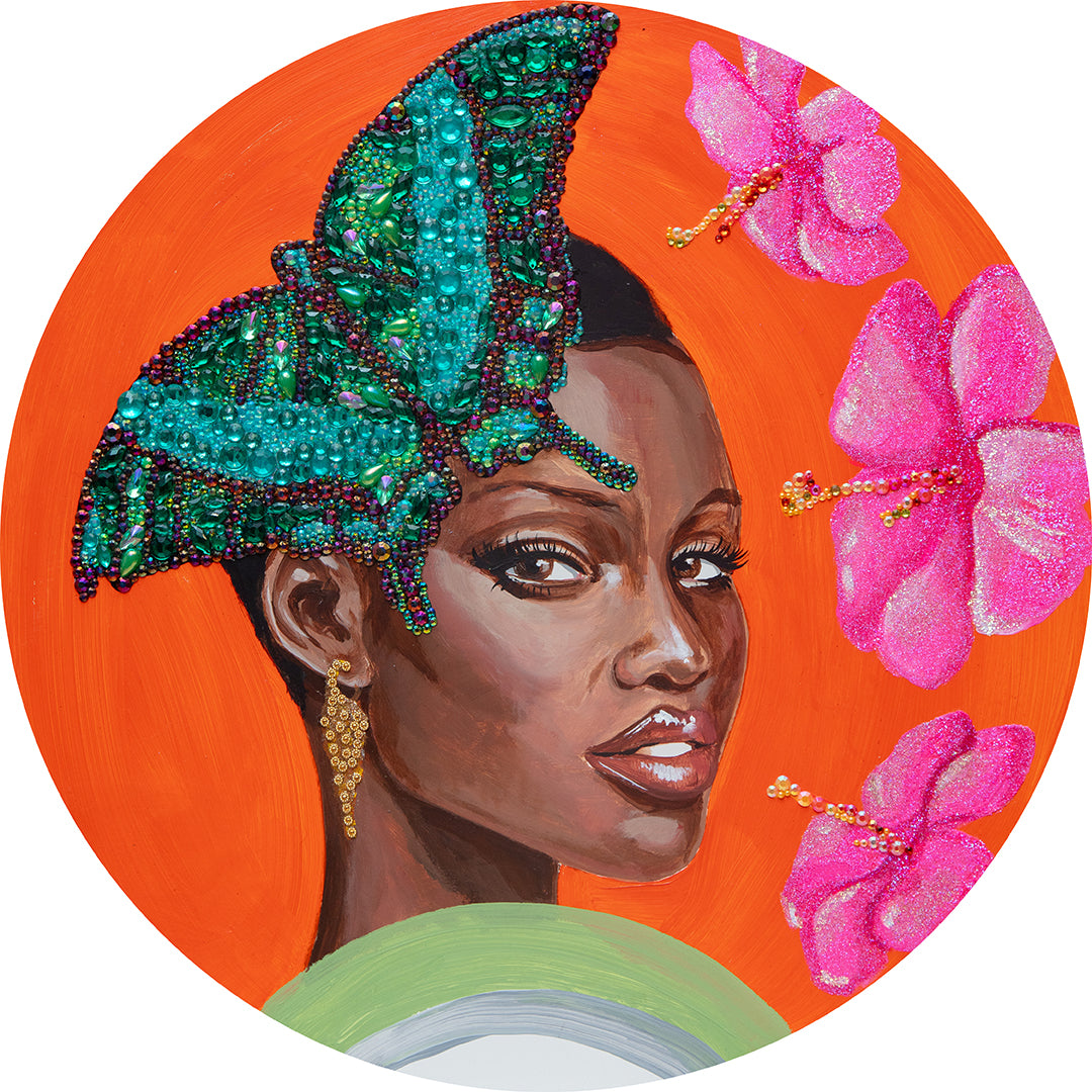 #346 Female Muse With Green Banded Swallowtail Crown on Prometheus Orange