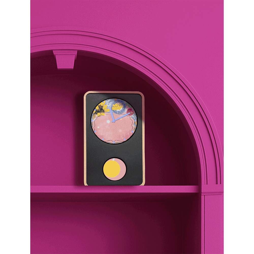 Ashley Longshore x KlydoClock digital clock with exclusive Ashley Longshore animated artwork on a magenta colored shelf.