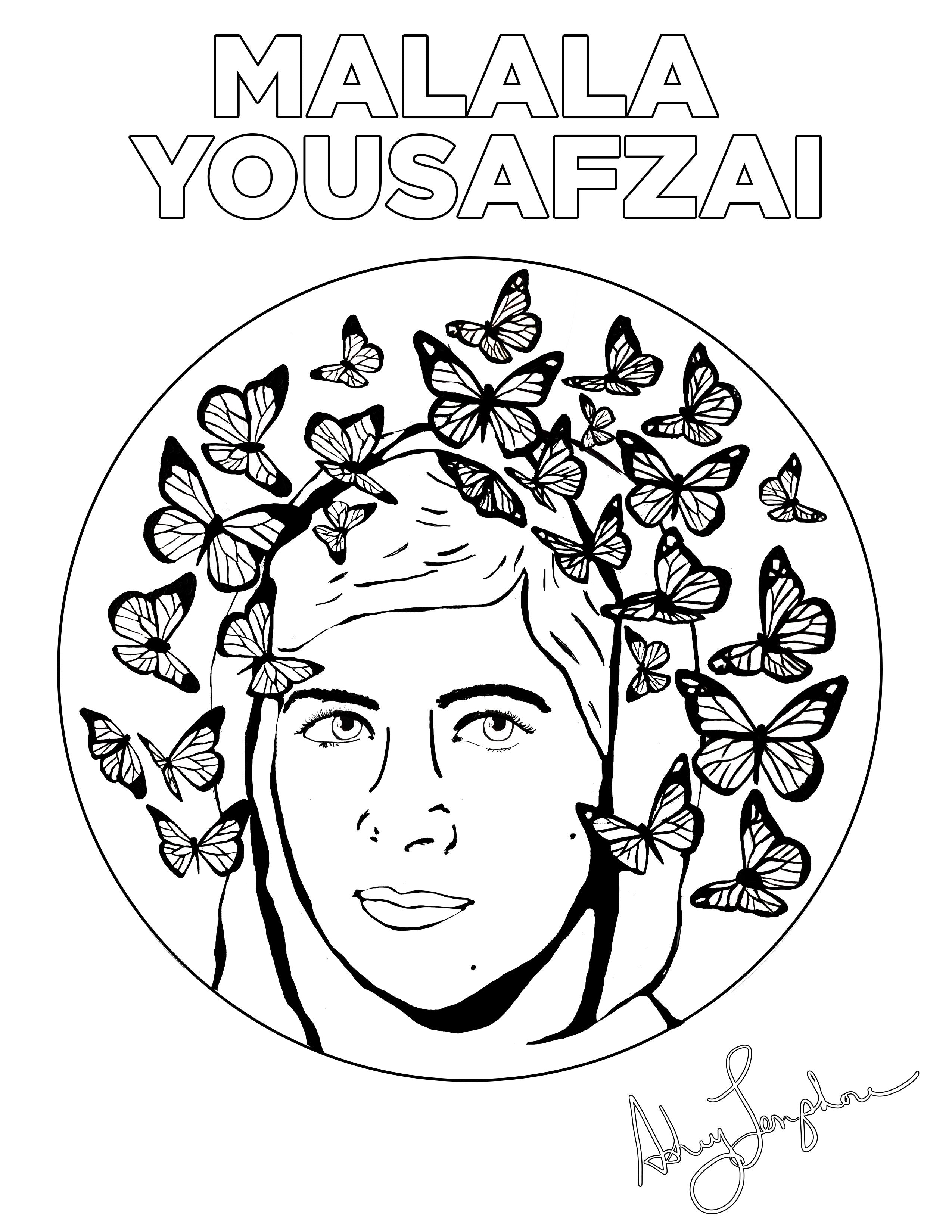 Ashley Longshore coloring pages featuring Malala Yousafzai.