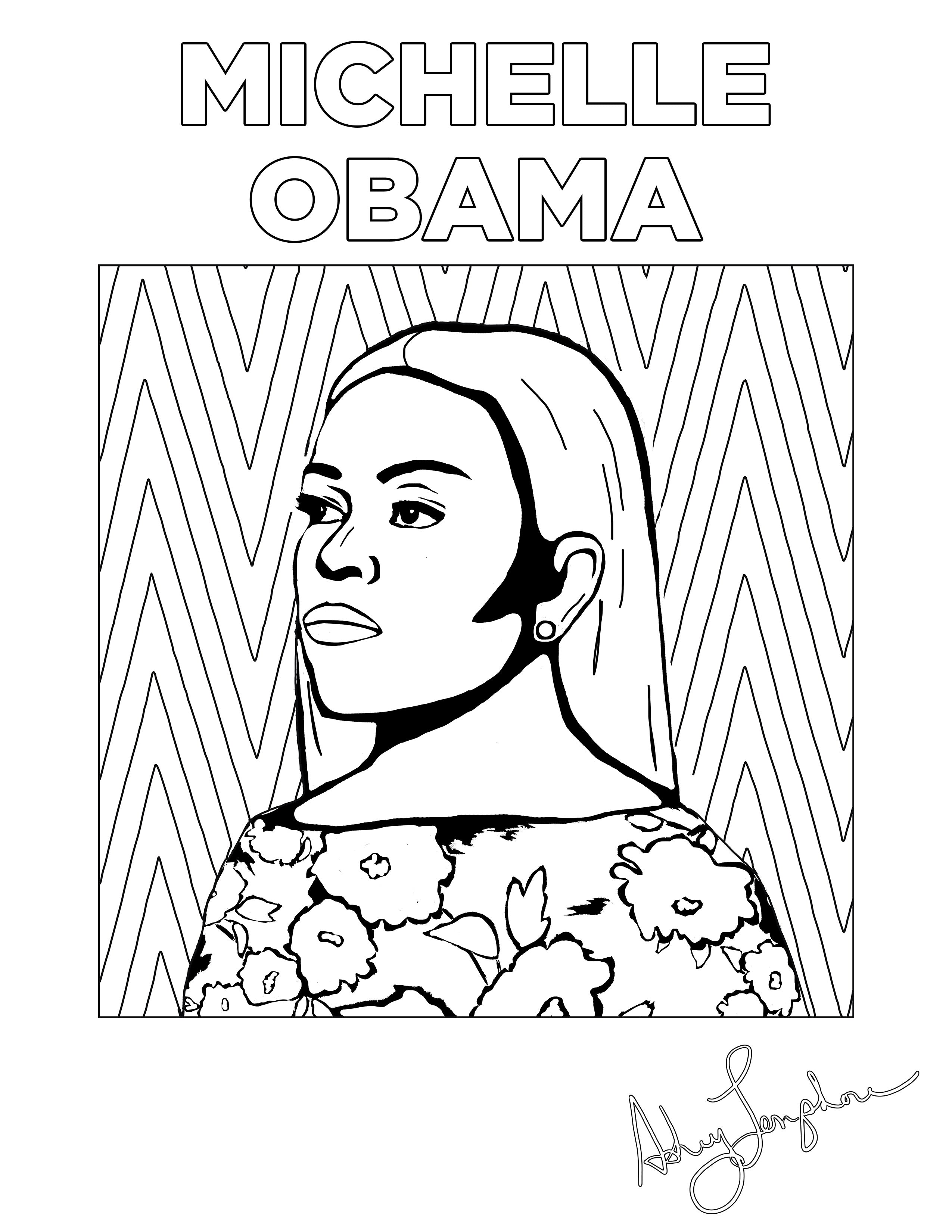 Ashley Longshore coloring pages featuring Michelle Obama.