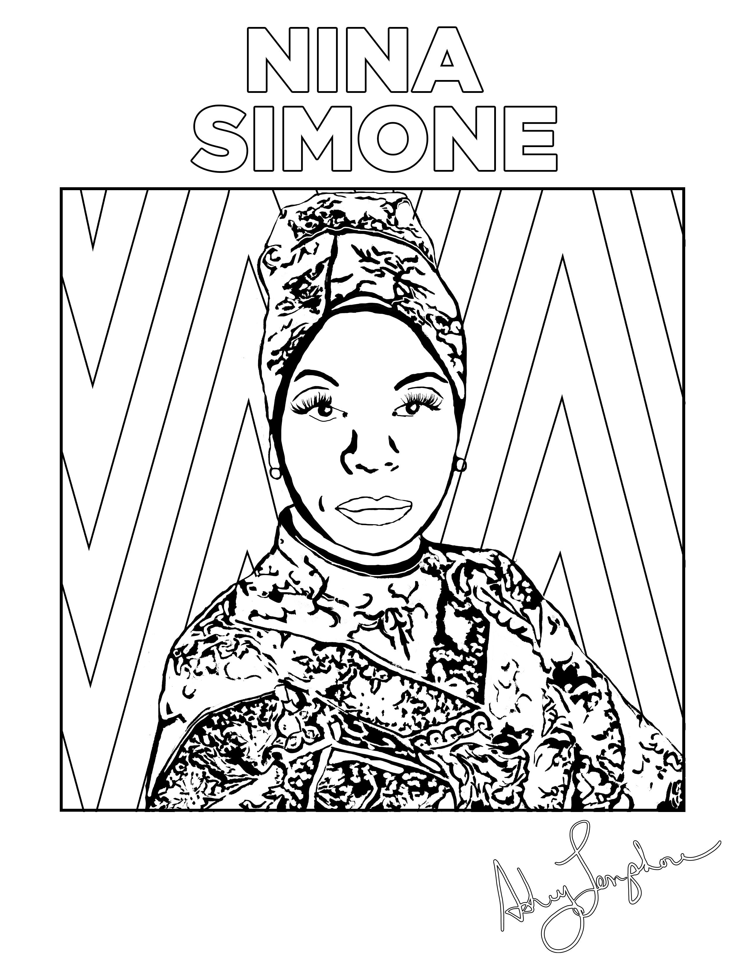 Ashley Longshore coloring pages featuring Nina Simone.