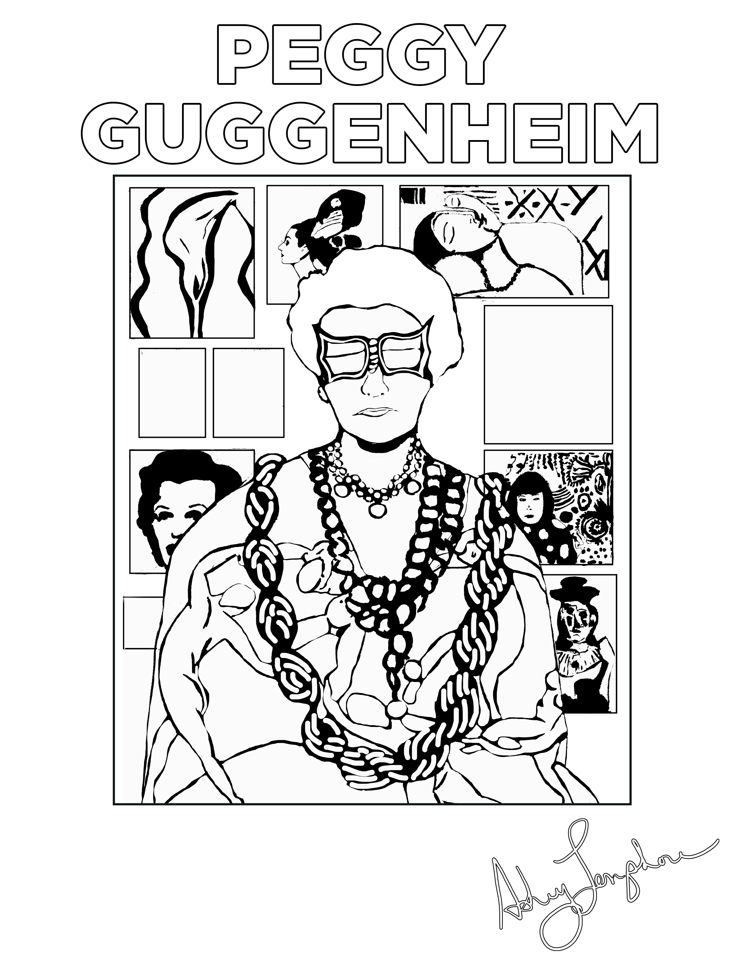 Ashley Longshore coloring pages featuring Peggy Guggenheim.