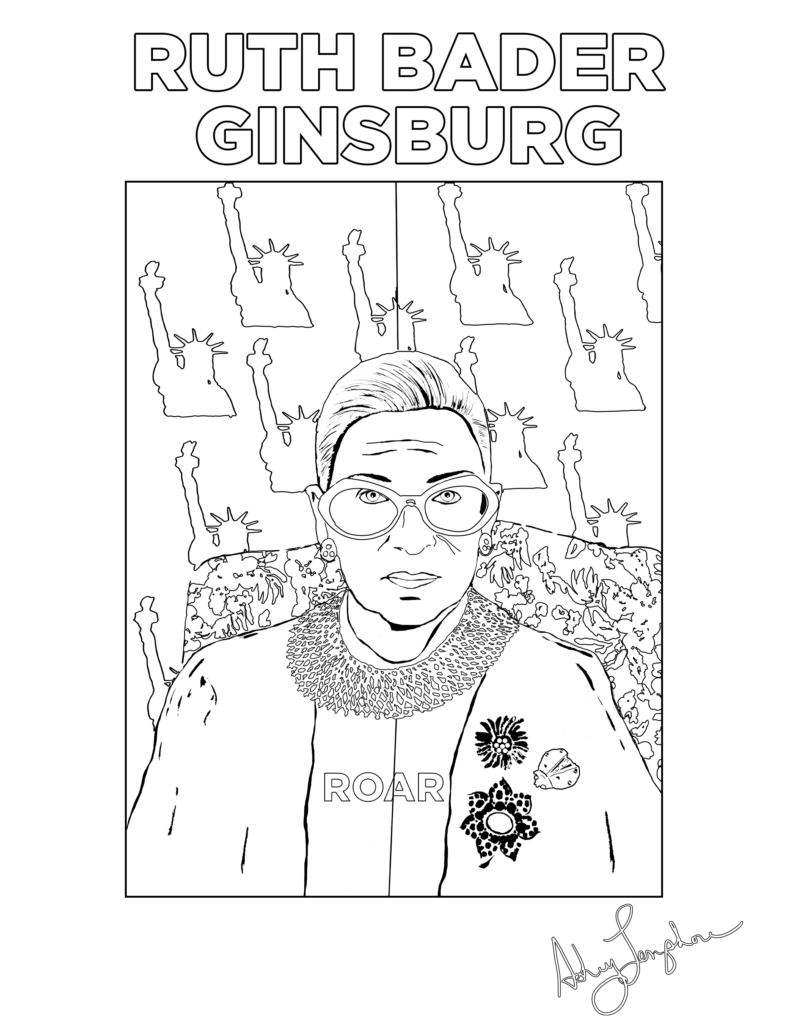Ashley Longshore coloring pages featuring Ruth Bader Ginsburg.