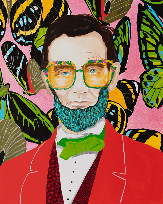 Abe Lincoln with Red Blazer on Butterfly Pink Background