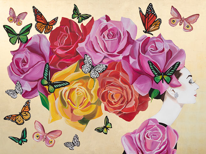 Audrey with Rose Bouquet and Butterflies on Gold Leaf